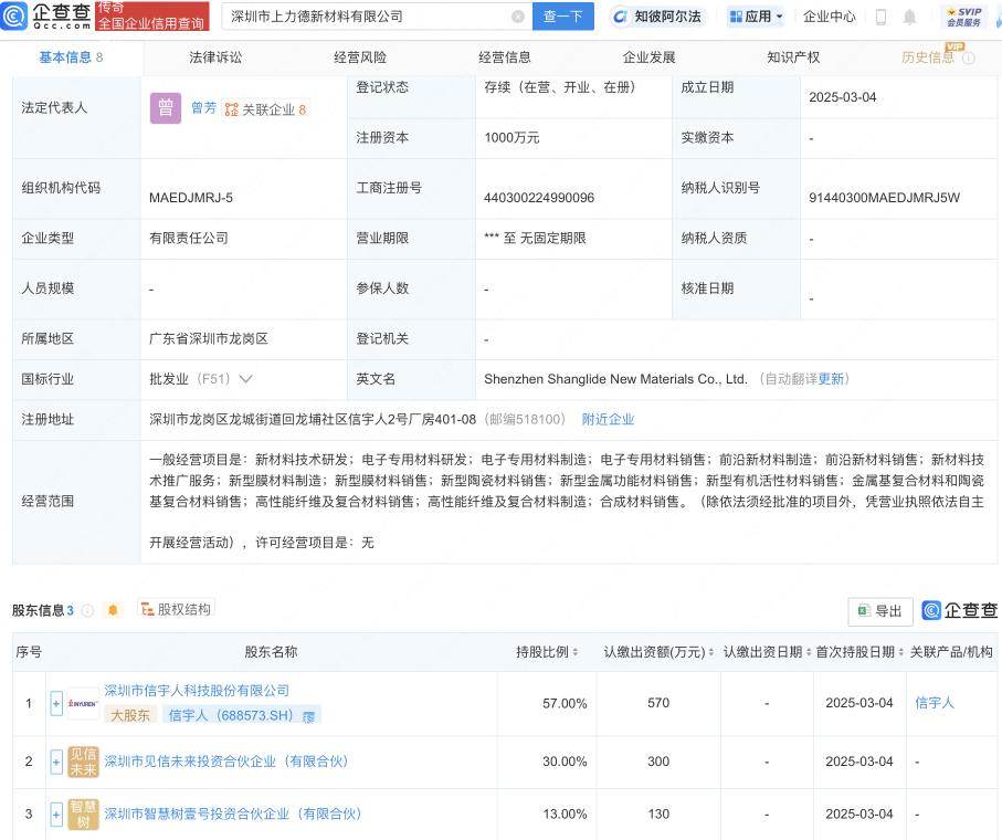 信宇人等投資成立新材料公司